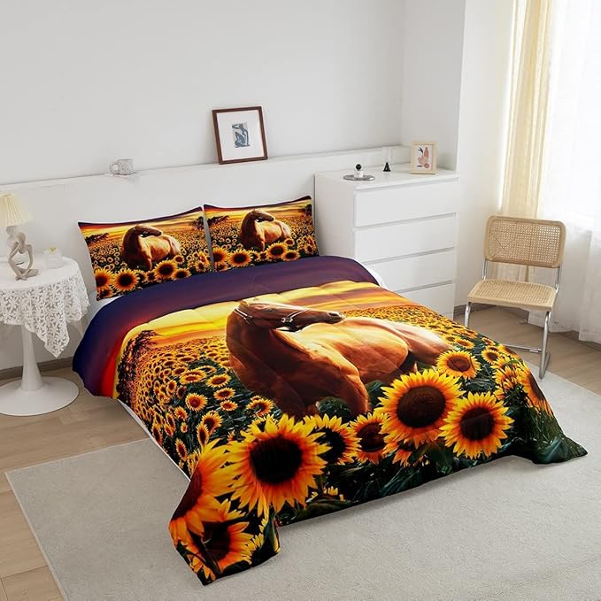 Erosebridal Brown Horse Comforter Set King Size for Kids Adult Teens Farmhouse Decor Sunflower Bedding with Sunset, Cowboys 3D Wild Animal Horse Print Quilt Rustic Style Cowgirls Down Comforter - LeafyLoom
