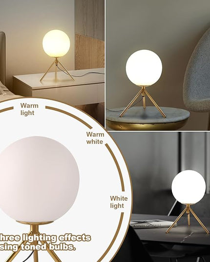 Mid century modern desk lamp with a golden base and white glass ball lampshade, suitable for 3 tone lighting in bedside bedrooms, living rooms, offices, libraries, and study rooms - LeafyLoom