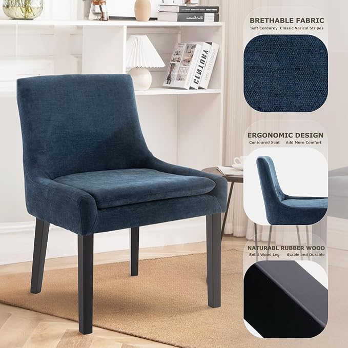 COLAMY Modern Dining Chairs Set of 2, Upholstered Corduroy Accent Side Leisure Chairs with Mid Back and Wood Legs for Living Room/Dining Room-Blue - LeafyLoom