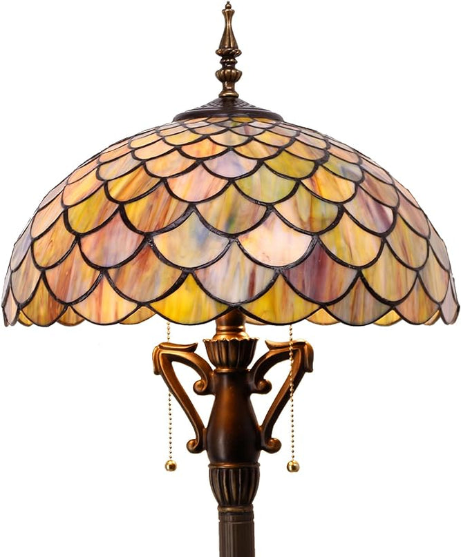 Tiffany Floor Lamp Stained Glass Standing Reading Light 16X16X64 Inch - Brown Fish Scales - LeafyLoom