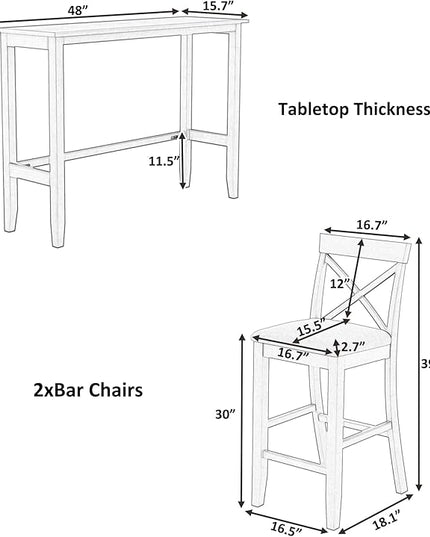 Farmhouse Style Rectangular Breakfast Nook with 2 Chairs, Solid Wood Multifunctional Bar Room, Kitchen, Small Place, Cherry, 3 Piece Dining Table Set - LeafyLoom