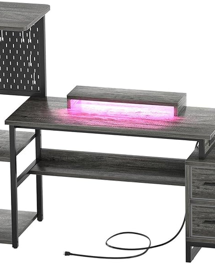 Computer Desk with 2 Fabric Drawers - Reversible Home Office Desk with Power Outlet & LED Lights, 53" Writing Desk with Monitor Stand & Storage Shelves, Gaming Desk Study Table with Pegboard, Grey Oak - LeafyLoom