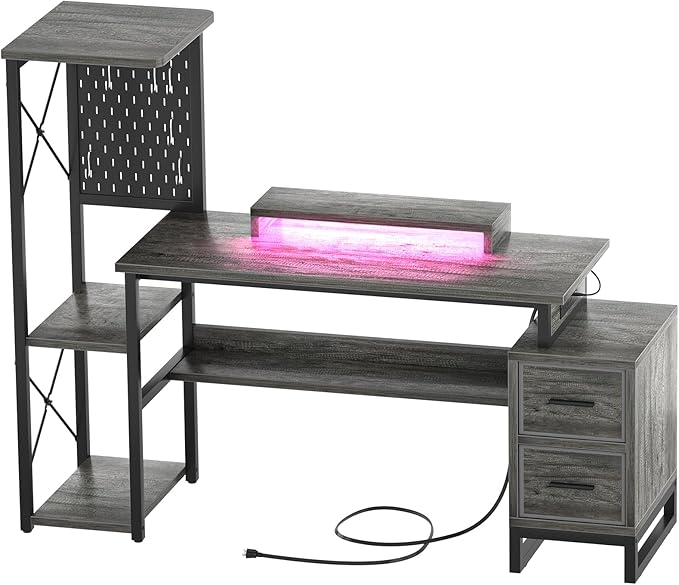Computer Desk with 2 Fabric Drawers - Reversible Home Office Desk with Power Outlet & LED Lights, 53" Writing Desk with Monitor Stand & Storage Shelves, Gaming Desk Study Table with Pegboard, Grey Oak - LeafyLoom