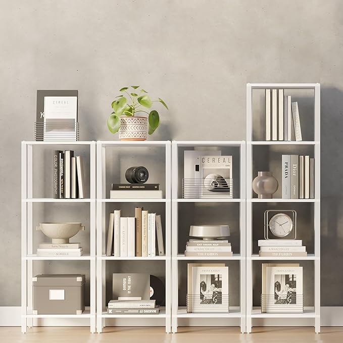 TUTOTAK Bookshelf, 4-Tier Tall Book Shelf, Narrow Bookcase for Small Space, DIY Stackable Bookshelf, for Living Room, Office, Study, Entryway, Industrial, White BS01BW004 - LeafyLoom
