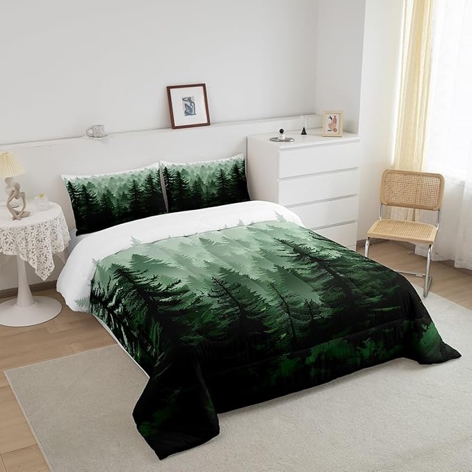 Fog Forest Comforter Botanical Pine Trees Comforter Set for Boys Girls Children Watercolor Style Green Comforter Set Room Decor Full Size Duvet Set 3Pcs - LeafyLoom