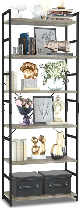 NUMENN 6 Tier Bookshelf, Tall Bookcase Shelf Storage Organizer, Modern Book Shelf for Bedroom, Living Room and Home Office, Grey - LeafyLoom