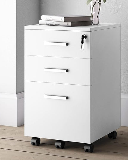Lazio 26 Inch File Cabinet with Lock - Filing Cabinet for Home and Office - 3 Drawer File Cabinet with Wheels for A4 Sized Letters/Documents, Legal Sized Documents, Hanging File Folders - White/White - LeafyLoom