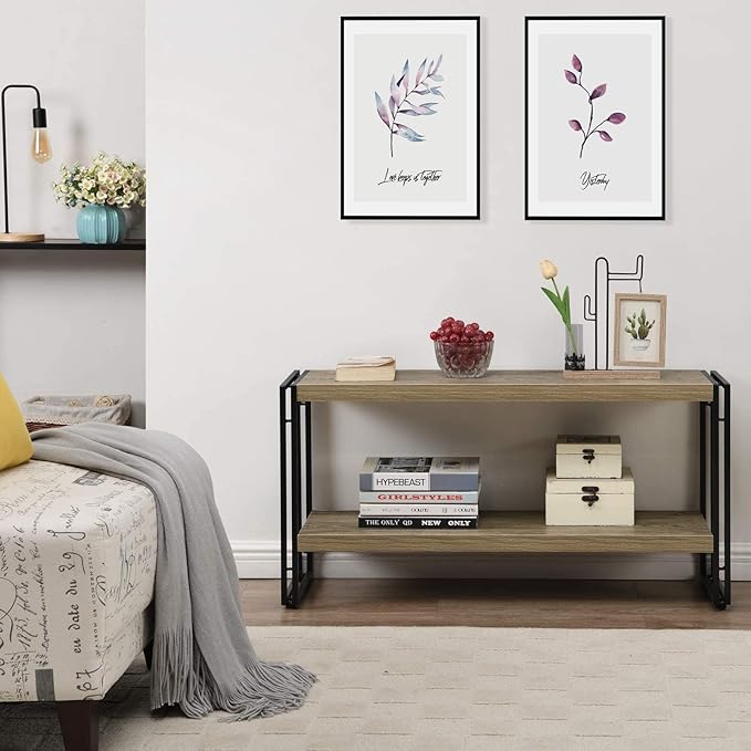 Small Industrial Bookshelf 2 Shelf Bookcases and Book Shelves for Living Room/Bedroom Wood Metal Rustic Oak - LeafyLoom