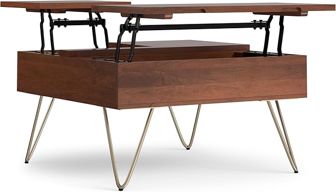 SIMPLIHOME Hunter SOLID MANGO WOOD Wide Square Industrial Lift Top Coffee Table for The Living Family Room, 32 inch, Umber Brown, Gold - LeafyLoom