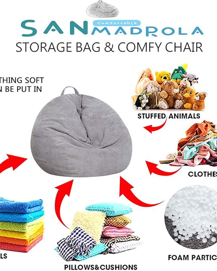 Stuffed Animal Storage Bean Bag Chair Cover (No Filler) for Kids and Adults.Soft Premium Corduroy Stuffable Beanbag for Organizing Children Plush Toys or Memory Foam Extra Large 300L (Grey) - LeafyLoom