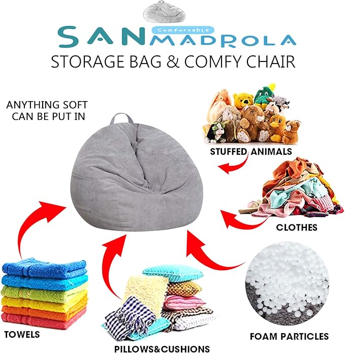 Stuffed Animal Storage Bean Bag Chair Cover (No Filler) for Kids and Adults.Soft Premium Corduroy Stuffable Beanbag for Organizing Children Plush Toys or Memory Foam Extra Large 300L (Grey) - LeafyLoom