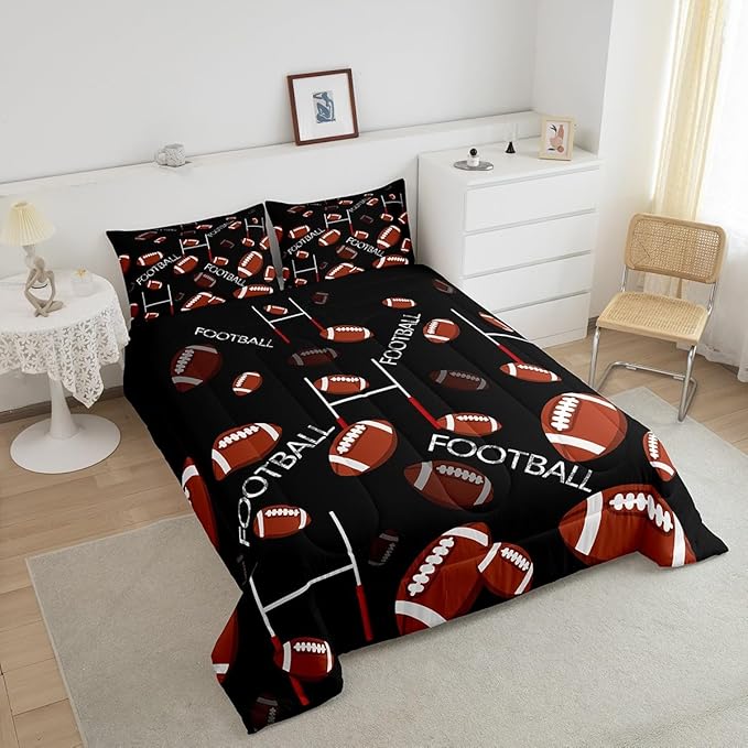 Feelyou Rugby Sports Comforter Set King Size Football Comforter for Kids Teens Adults Soccer Ball Game Bedding Set Gift for Football Lover Duvet Set Room Decor 3Pcs with 2 Pillow Case - LeafyLoom