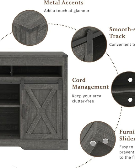 Farmhouse TV Stand with Sliding Barn Door for TVs up to 65+ Inch, 34" Tall Entertainment Center, Wood Media Console Storage Cabinet for Bedroom, Living Room, Dark Grey - LeafyLoom