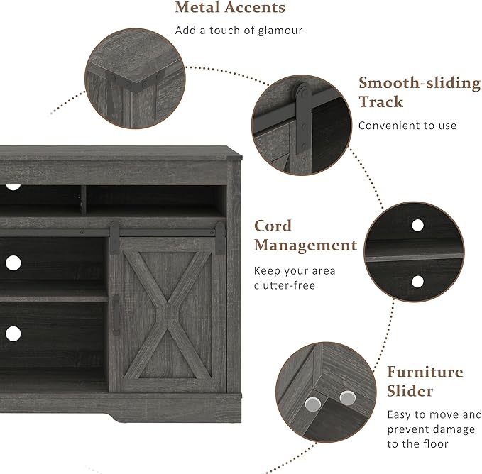 Farmhouse TV Stand with Sliding Barn Door for TVs up to 65+ Inch, 34" Tall Entertainment Center, Wood Media Console Storage Cabinet for Bedroom, Living Room, Dark Grey - LeafyLoom