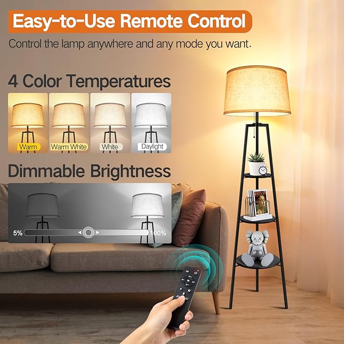 OUTON Tripod Floor Lamp with Shelves, Modern Shelf Floor Lamp with Remote, 4 Color Temperature, Dimmable Tall Standing Corner Lamp with Beige Linen Texture Shade for Living Room, Bedroom, Office - LeafyLoom