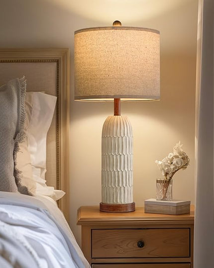OYEARS Small Table Lamp for Bedroom Living Room with USB A+C Charging Ports Modern Farmhouse Bedside End Lamps Rustic Nightstand Lamps,White and Brown（1 Pack） - LeafyLoom