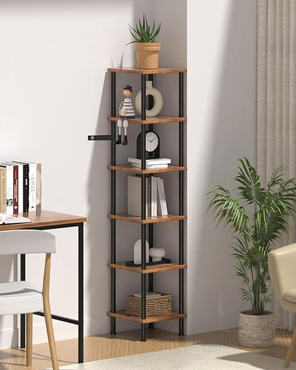 Corner Shelf, Corner Bookcase, Industrial 6-Tier Square Shelf Stand Display Rack,Wall Corner Bookshelf,Tall Shelf Plant Stand for Small Spaces, Living Room, Home Office, Kitchen - LeafyLoom