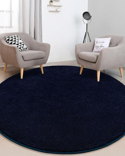 Round Area Rugs for Bedroom Living Room, 5x5 Navy Blue Super Soft Comfy Thickened Memory-Foam Indoor Circle Carpets, Modern Aesthetic Minimalist Carpet for Boys Girls Adults Nursery Home Décor - LeafyLoom