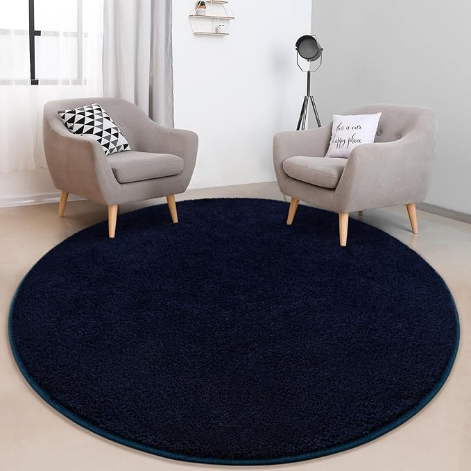 Round Area Rugs for Bedroom Living Room, 5x5 Navy Blue Super Soft Comfy Thickened Memory-Foam Indoor Circle Carpets, Modern Aesthetic Minimalist Carpet for Boys Girls Adults Nursery Home Décor - LeafyLoom