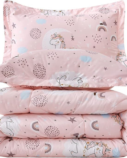 JSD Pink Unicorn Kids Comforter Set for Girls, 3 Pieces Full Microfiber Comforter with Pillow Sham, Soft Comfortable Machine Washable - LeafyLoom