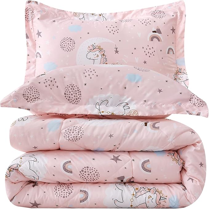 JSD Pink Unicorn Kids Comforter Set for Girls, 3 Pieces Full Microfiber Comforter with Pillow Sham, Soft Comfortable Machine Washable - LeafyLoom