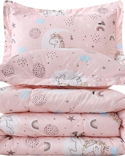 JSD Pink Unicorn Kids Comforter Set for Girls, 2 Pieces Twin Microfiber Comforter with Pillow Sham, Soft Comfortable Machine Washable - LeafyLoom