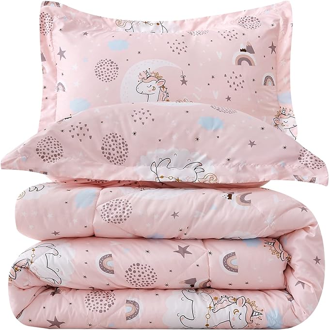 JSD Pink Unicorn Kids Comforter Set for Girls, 2 Pieces Twin Microfiber Comforter with Pillow Sham, Soft Comfortable Machine Washable - LeafyLoom