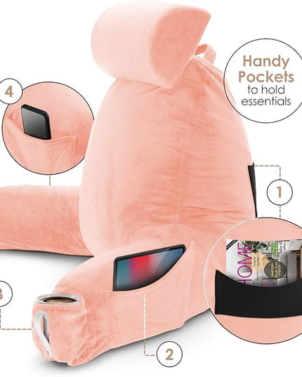 Clara Clark Reading Pillow, Large Back Pillow for Sitting Up in Bed, Memory Foam Back Support Pillow, Reading Pillows for Sitting in Bed Adult, Peach Sit Up Pillow for Bed Chair with Arms and Pockets - LeafyLoom