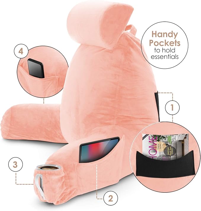 Clara Clark Reading Pillow, Large Back Pillow for Sitting Up in Bed, Memory Foam Back Support Pillow, Reading Pillows for Sitting in Bed Adult, Peach Sit Up Pillow for Bed Chair with Arms and Pockets - LeafyLoom