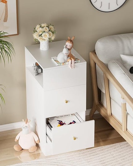 White Nightstand with Two Drawers,Chest of Drawers for Bedroom with Side Opening Storage Rack,3 Tiers Modern Night Table for Bedroom Storage Furniture (Right Angle) - LeafyLoom