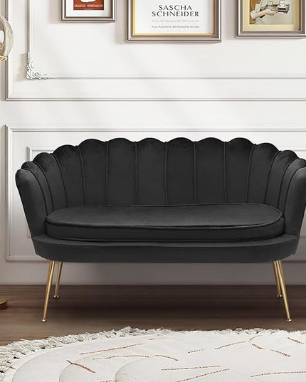MoNiBloom 52" Black Velvet Loveseat Sofa with 2 Pillows, Modern 2-Seater Sofa Upholstered Tufted Love Seat Couch with Golden Metal Legs for Living Room Conference Room, 300 Lbs Capacity - LeafyLoom