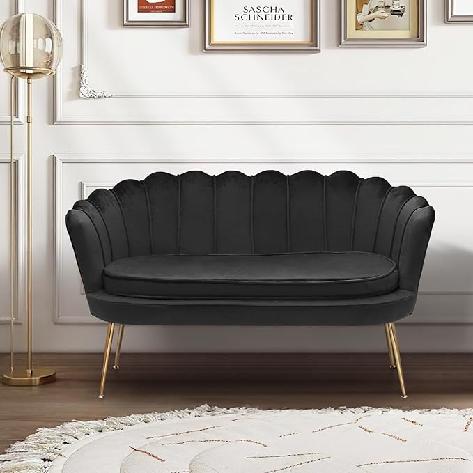 MoNiBloom 52" Black Velvet Loveseat Sofa with 2 Pillows, Modern 2-Seater Sofa Upholstered Tufted Love Seat Couch with Golden Metal Legs for Living Room Conference Room, 300 Lbs Capacity - LeafyLoom