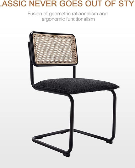Zesthouse Mid Century Modern Dining Chairs Set of 2, Upholstered Boucle Kitchen Chairs, Famous Breuer Designed Chairs, Armless Accent Chairs with Natural Cane Back & Stainless Chrome Base - LeafyLoom