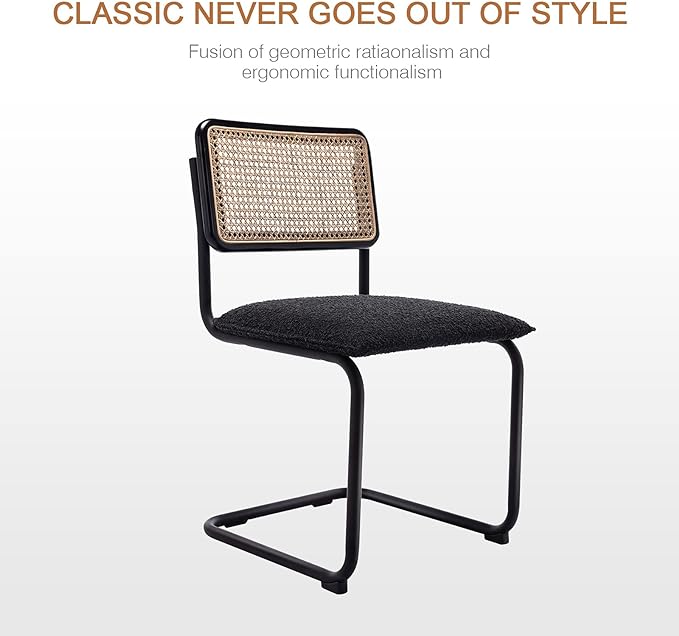 Zesthouse Rattan Dining Chairs Set of 4, Upholstered Boucle Kitchen Chairs, Mid Century Modern Breuer Designed Chairs, Armless Accent Chairs with Natural Cane Back & Stainless Chrome Base - LeafyLoom