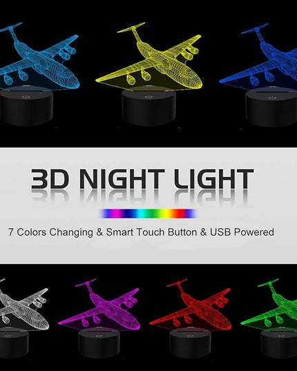 Airplane Night Light 3D Plane Illusion Lamp 7 Color Changing Touch Control with USB Cable LED Fighter Toy Table Desk Decor Lamps for Men Boys Kids Christmas Birthday Gifts - LeafyLoom