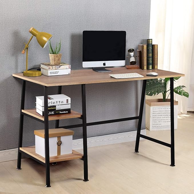 VECELO 43 Inch Computer Modern Student Writing home-office, Ladder Desk, Oak+black Leg - LeafyLoom