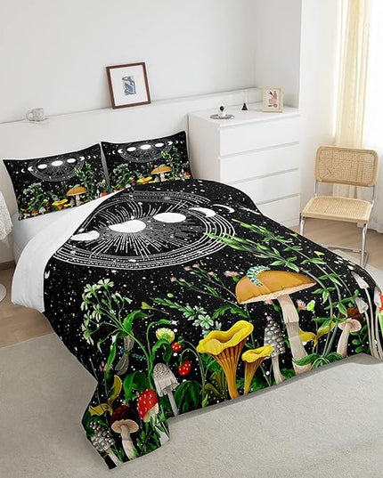 Cute Mushroom Comforter Set Sun and Moon All Season Down Comforter for Kids Boys Girls Teens Trippy Decor Boho Galaxy Constellations Bedding Set Starry Sky Wild Flowers Quilt Set Room Decor Full Size - LeafyLoom