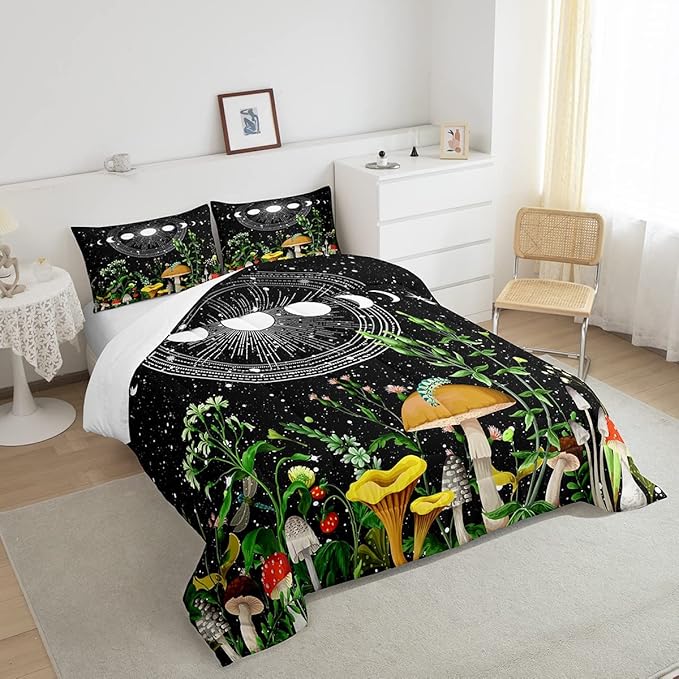 Cute Mushroom Comforter Set Sun and Moon All Season Down Comforter for Kids Boys Girls Teens Trippy Decor Boho Galaxy Constellations Bedding Set Starry Sky Wild Flowers Quilt Set Room Decor Full Size - LeafyLoom