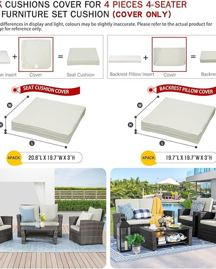 ClawsCover 8 Pack Outdoor Seat and Back Cushions Replacement Covers Fit for 4 Pieces 4-Seater Wicker Rattan Patio Furniture Conversation Set Sectional Couch,Cream-Include Cover Only - LeafyLoom