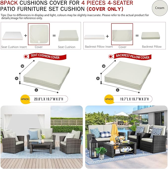 ClawsCover 8 Pack Outdoor Seat and Back Cushions Replacement Covers Fit for 4 Pieces 4-Seater Wicker Rattan Patio Furniture Conversation Set Sectional Couch,Cream-Include Cover Only - LeafyLoom