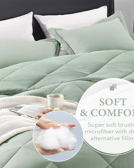 downluxe Queen Comforter Set - Sage Green Comforter Set Queen, 3 Pieces Solid Comforter Set Queen Size for All Seasons, 1 Lightweight Fluffy Comforter (88"x92") and 2 Pillow Shams - LeafyLoom
