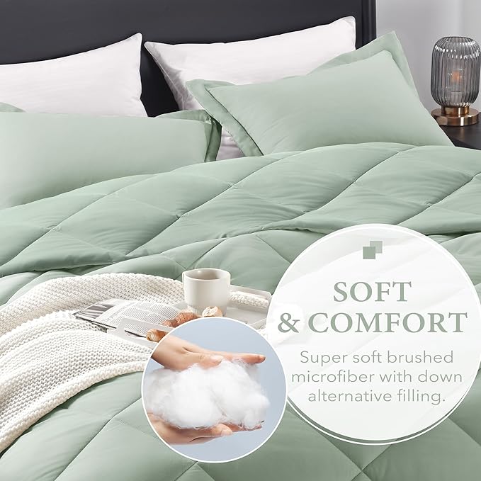 downluxe Queen Comforter Set - Sage Green Comforter Set Queen, 3 Pieces Solid Comforter Set Queen Size for All Seasons, 1 Lightweight Fluffy Comforter (88"x92") and 2 Pillow Shams - LeafyLoom