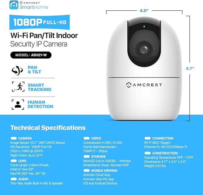 Amcrest 1080P WiFi Camera Indoor, Nanny Cam, Dog Camera, Sound & Baby Monitor, Human & Pet Detection, Motion-Tracking, Phone App, Pan/Tilt Wireless IP Camera, Night Vision, Smart Home ASH21-W Amcrest