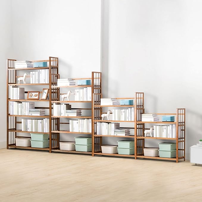 IOTXY Adjustable Bamboo Open Bookshelf - Large 4-Tier Free Standing Storage Rack, Multifunctional Display Stand for Home and Office, Bookcase, Light Brown - LeafyLoom