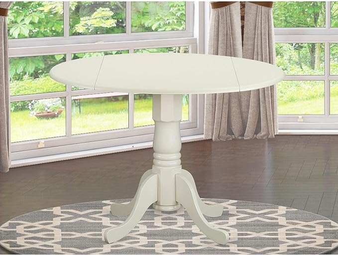 East West Furniture DLT-WHI-TP Dublin Modern Kitchen Table - a Round Dining Table Top with Dropleaf & Pedestal Base, 42x42 Inch, Linen White - LeafyLoom