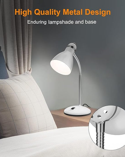 LEPOWER Metal Desk Lamp, Adjustable Goose Neck Table Lamp, Eye-Caring Study Desk Lamps for Bedroom, Study Room and Office (White) - LeafyLoom