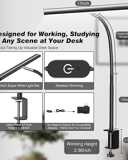 LED Desk Lamp for Office Home, Eye-Caring Desk Light with Stepless Dimming Adjustable Flexible Gooseneck, 10W USB Adapter Desk Lamp with Clamp for Reading, Study, Workbench (Black) - LeafyLoom