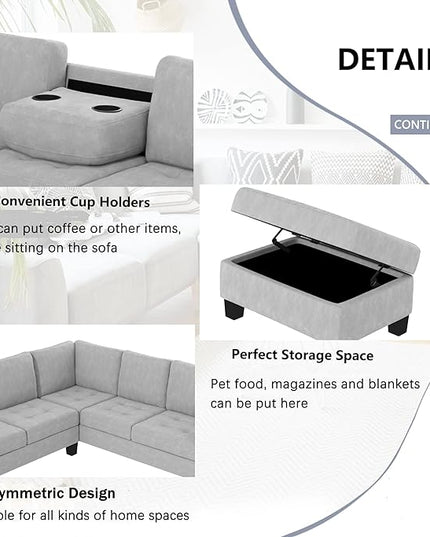 Sectional Sofa Couch w/Ottoman & Chaise, Upholstered L Shape Modular Sofa&Couch,Button Tufted Comfy for Living Room Furniture Sets, Home, LIGHT GREY CupHolders - LeafyLoom
