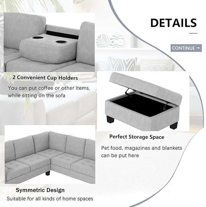 Sectional Sofa Couch w/Ottoman & Chaise, Upholstered L Shape Modular Sofa&Couch,Button Tufted Comfy for Living Room Furniture Sets, Home, LIGHT GREY CupHolders - LeafyLoom