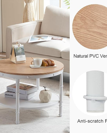 VINGLI 25.6" Natural White Round Farmhouse Coffee Table, 2-Tier Storage Wood Center Circle Accent Table for Living Room, Bedroom, Apartment, Studio and Small Spaces, Sturdy Metal Frame, Natural Color - LeafyLoom
